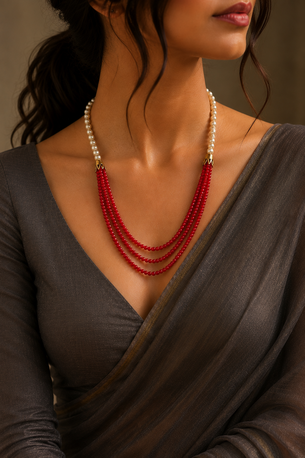 Coral Red & Pearl Multi-Strand Artisan Necklace