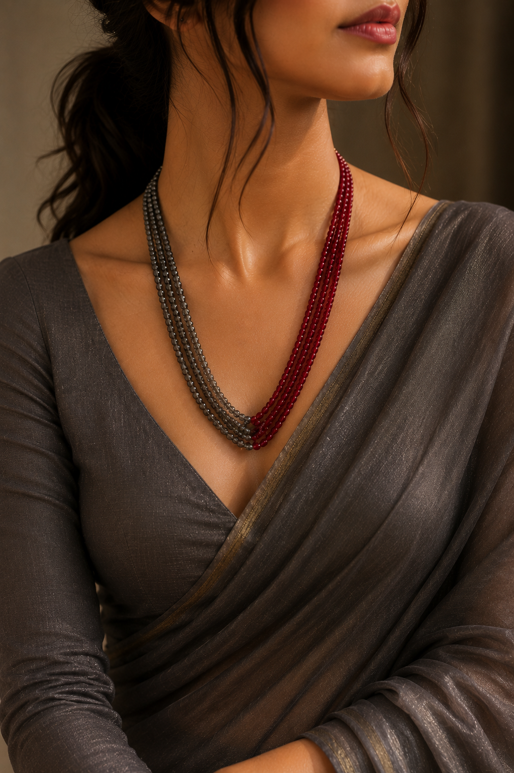Crimson Ruby & Smoky Quartz Multi-Strand Beaded Necklace
